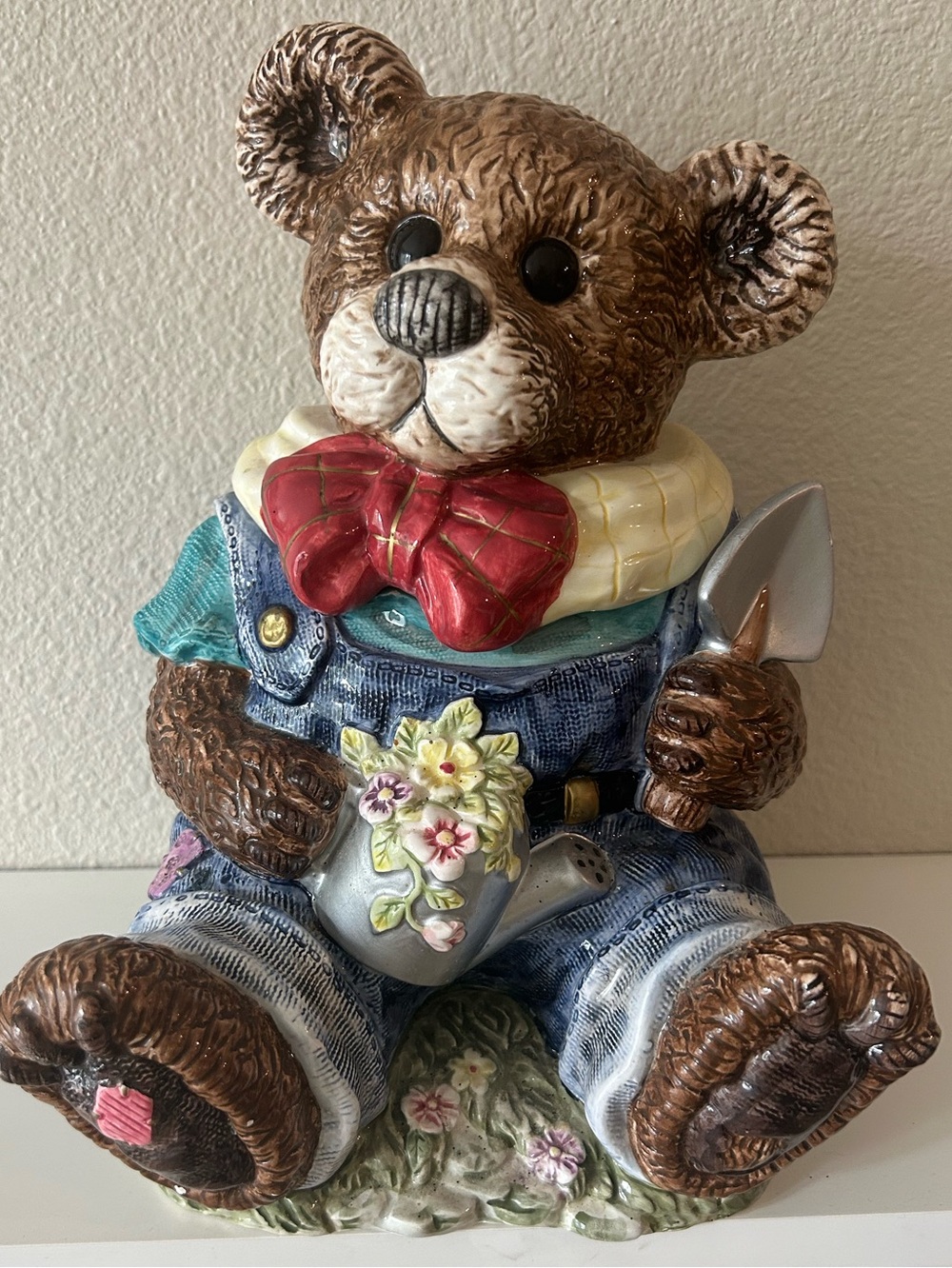 Vintage Hand Painted Ceramic Dolomite Bear Gardening Cottagecore Grandma Decor